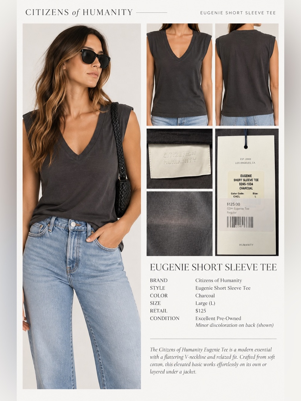 Citizens of Humanity Eugenie V-Neck Short Sleeve Tee in Charcoal